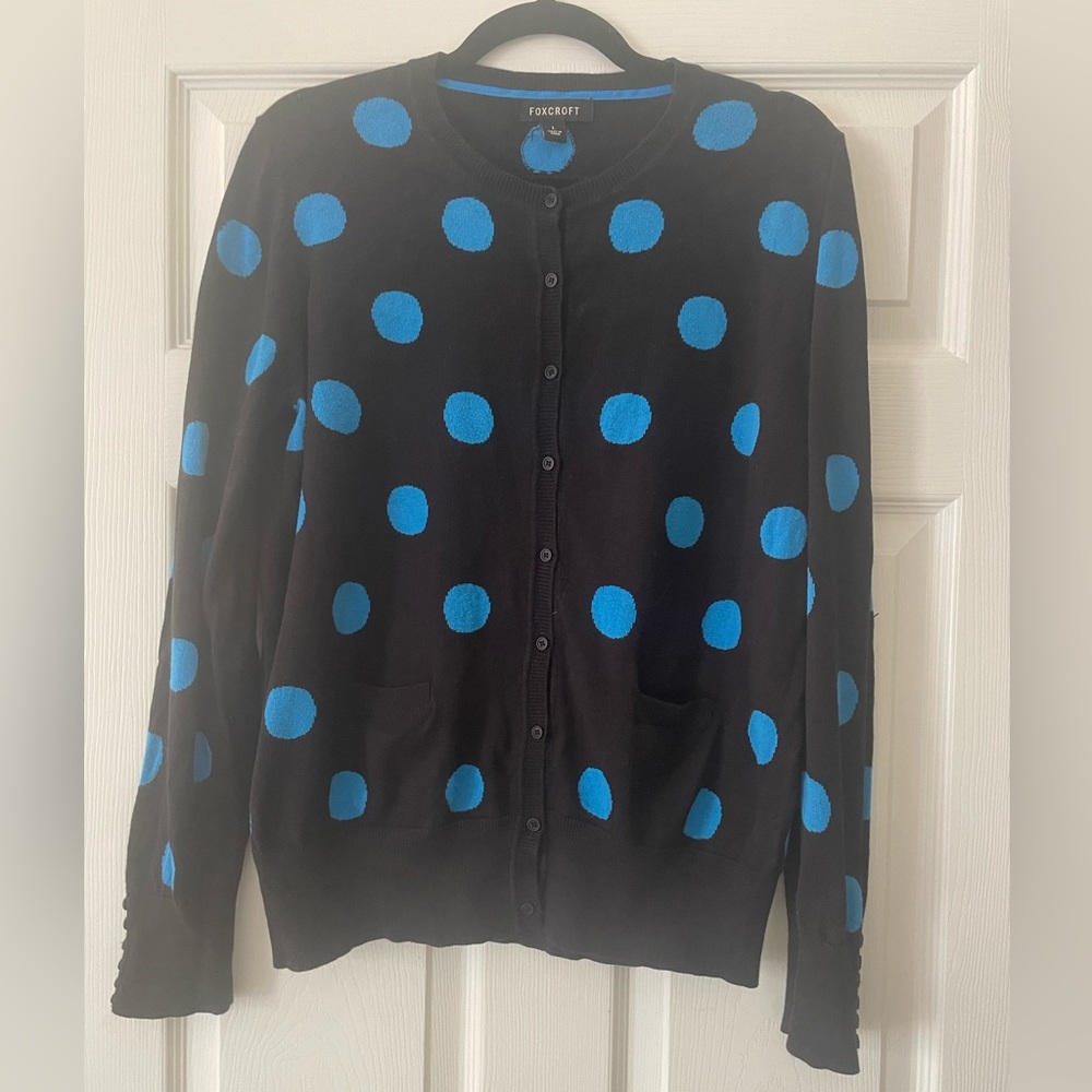 Blue and black polka dot cardigan, Lg.
